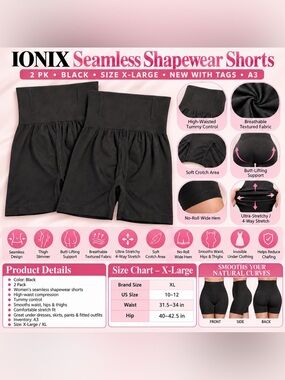 IONIX Seamless Shapewear Shorts – Black – Size XL – 2 Pack – New With Tags – A3